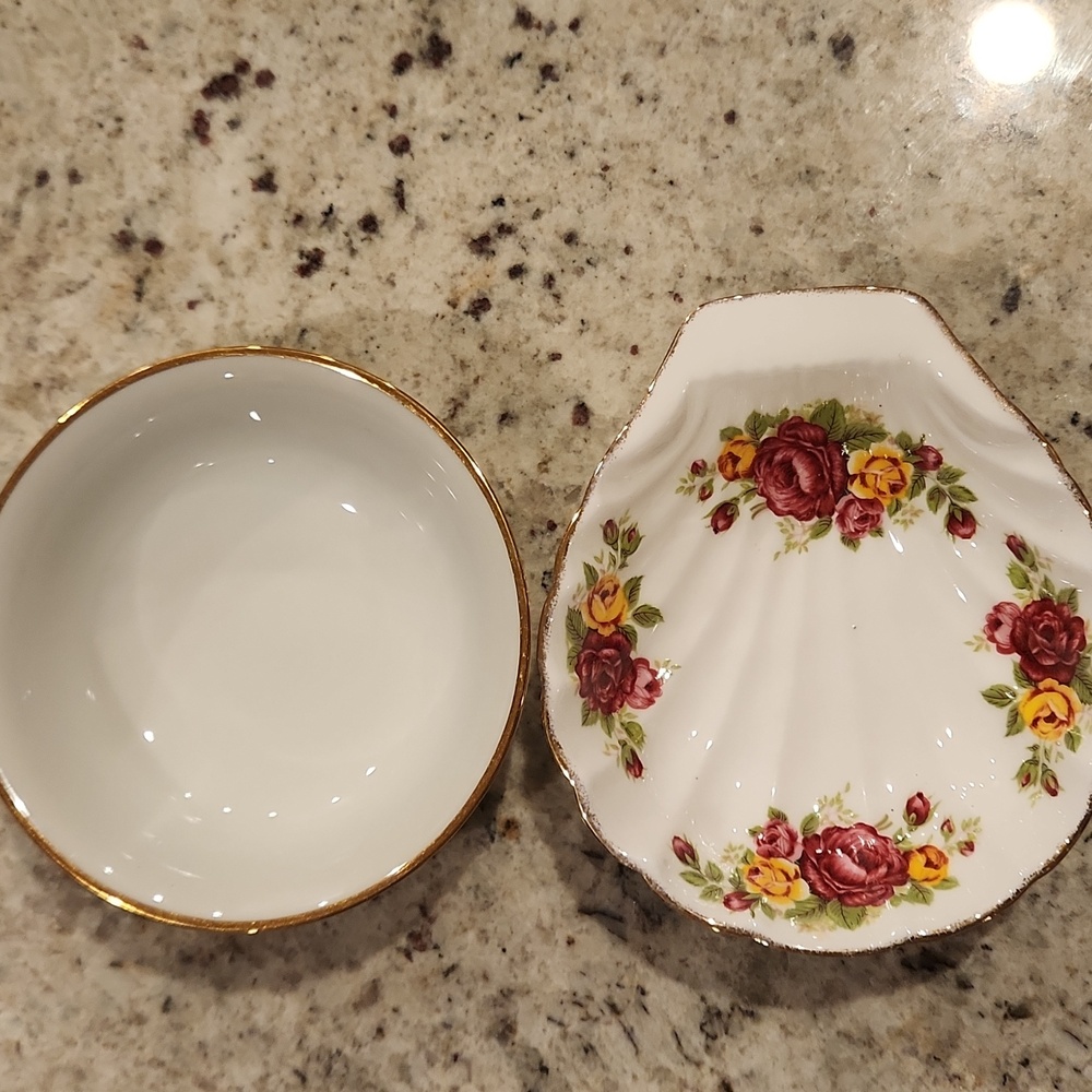 Haviland small sauce bowl and Royal Albert Country Roses clamshell trinket dish